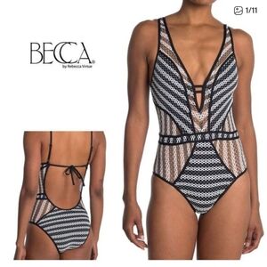 BECCA Black and White Mesh One-Piece Swimsuit